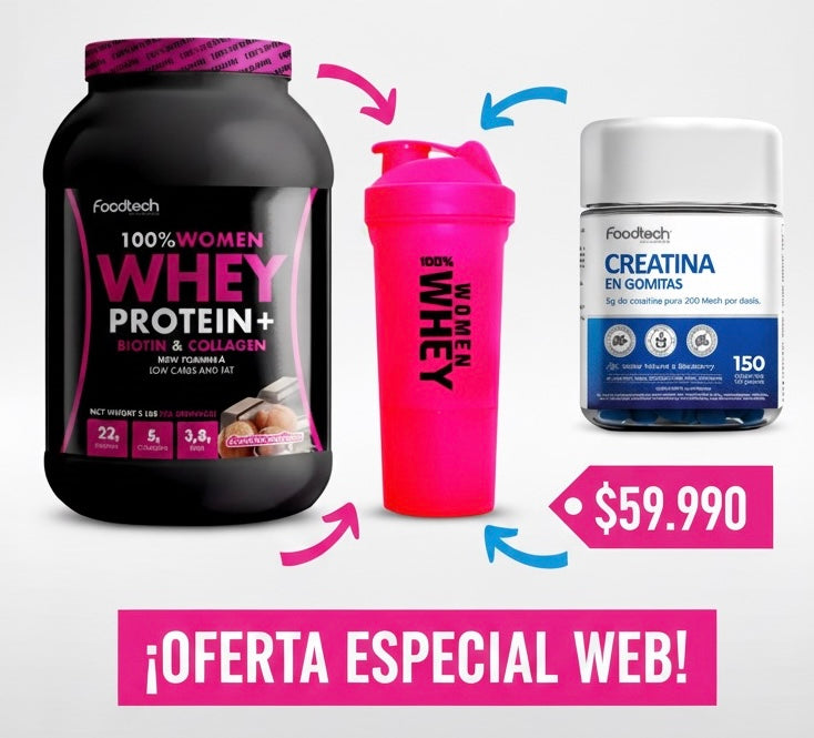 Pack Mujer en Acción | 100% Women Whey Protein (con Biotina, Colágeno & Fibra) + Creatina en Gomitas + Shaker de REGALO