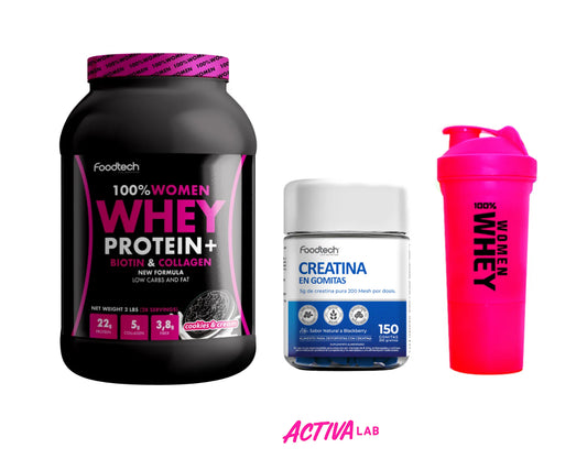 Pack Mujer en Acción | 100% Women Whey Protein (con Biotina, Colágeno & Fibra) + Creatina en Gomitas + Shaker de REGALO
