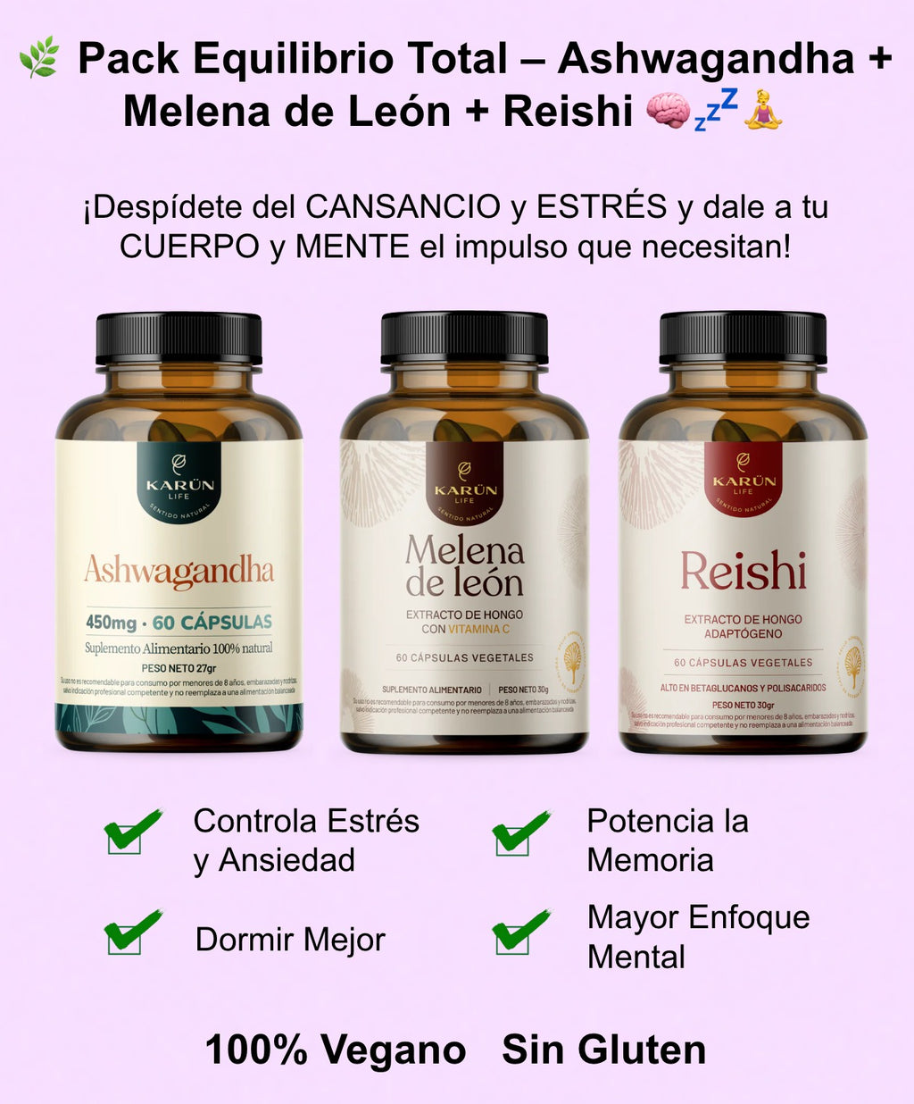 🌿 Triple Pack Equilibrio Total – Ashwagandha + Melena de Leon + Reishi 🧠