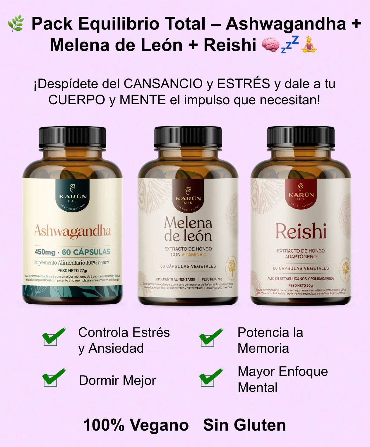🌿 Triple Pack Equilibrio Total – Ashwagandha + Melena de Leon + Reishi 🧠