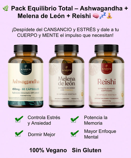 🌿 Pack Equilibrio Total – Ashwagandha + Melena de Leon + Reishi 🧠