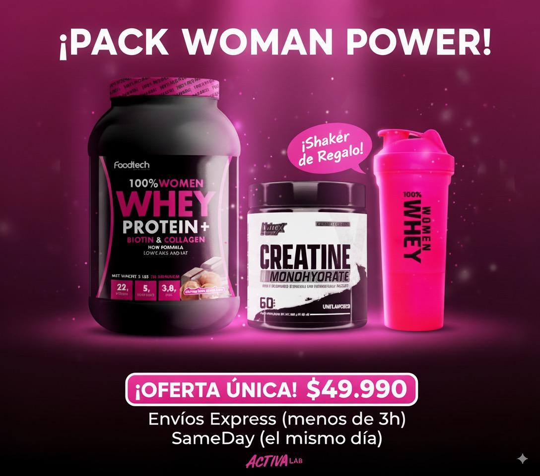 Pack Woman Power | 100% Women Whey Protein (con Biotina, Colágeno & Fibra) + Creatina Monohidratada 300 grs + Shaker de REGALO