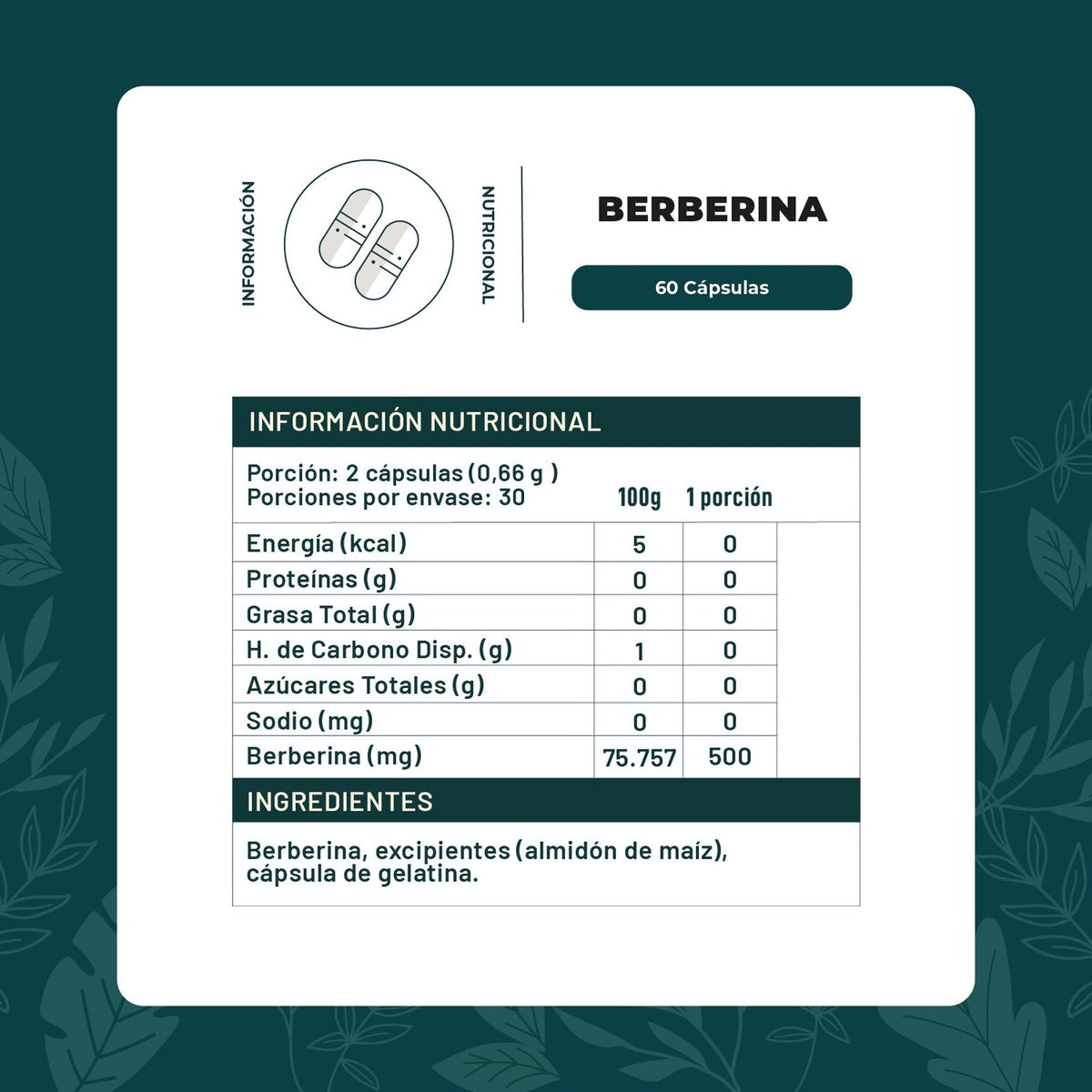 Berberina 500 mg · 60 cápsulas