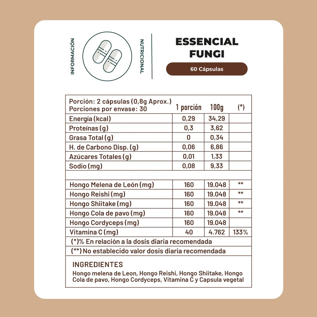 Essencial Fungi 60 Cápsulas - Fórmula Completa de 5 Hongos Funcionales
