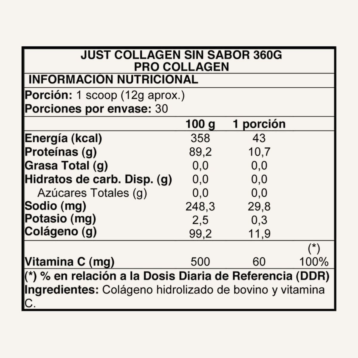 Just Collagen ProCollagen 360 g · Sin sabor