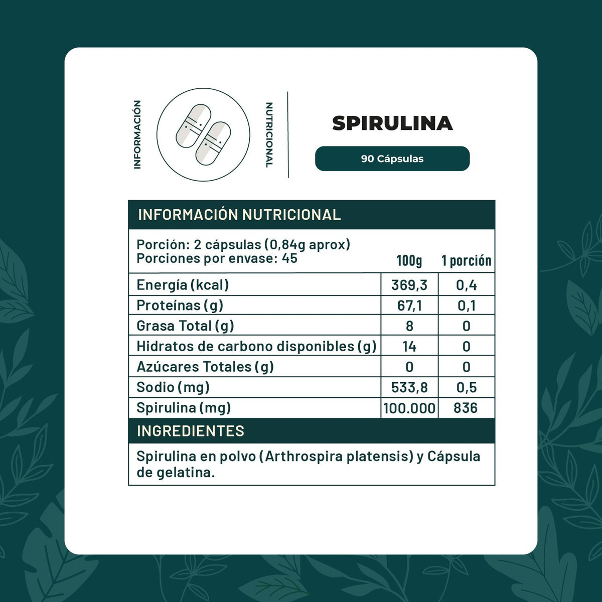 Spirulina 500 mg · 90 cápsulas