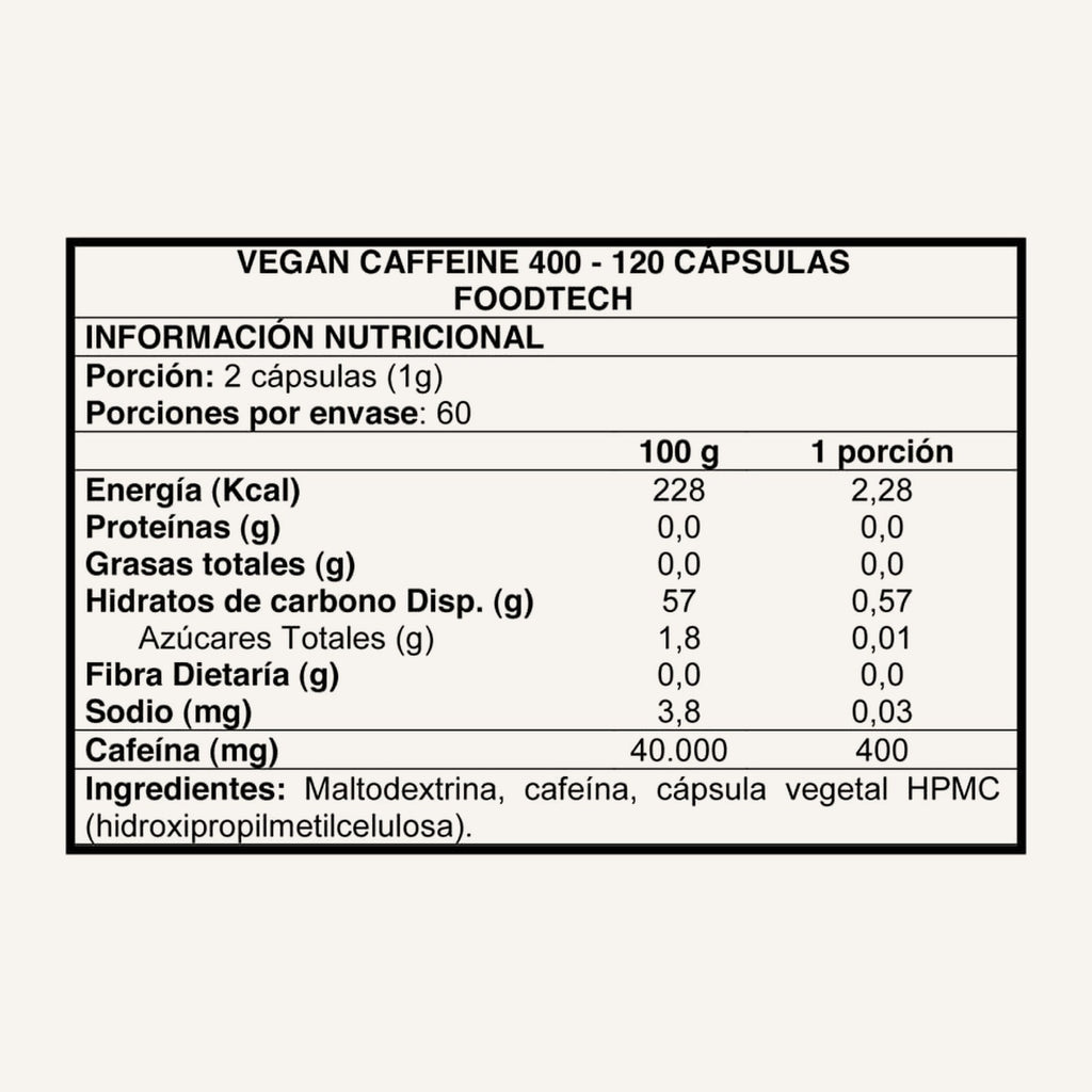 Vegan Caffeine 400 Foodtech · 120 cápsulas