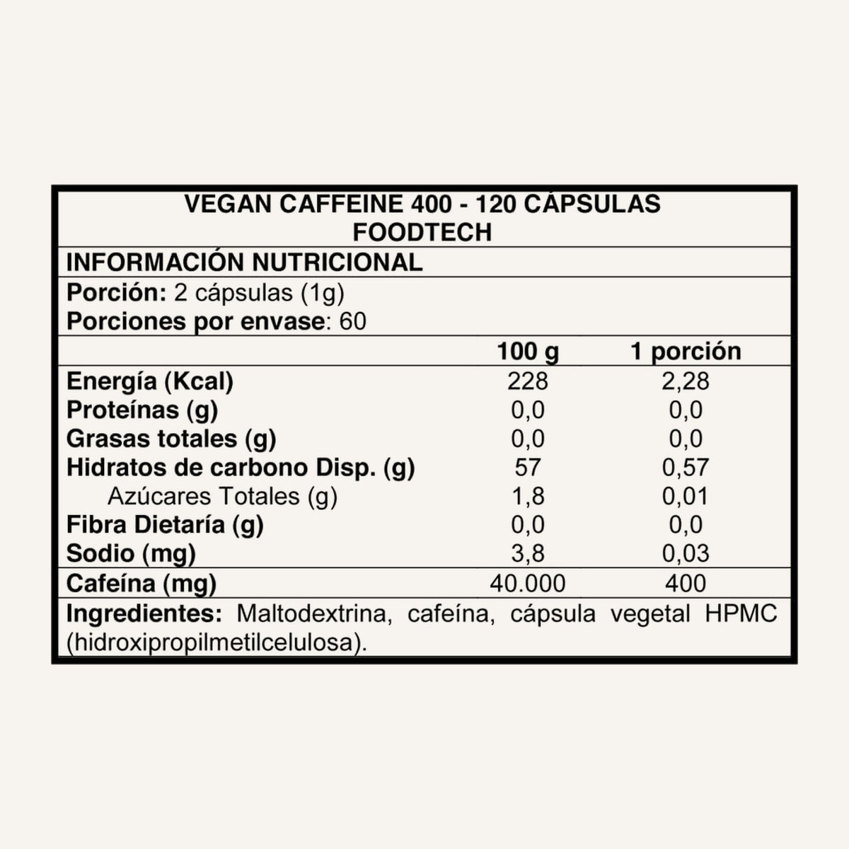 Vegan Caffeine 400 Foodtech · 120 cápsulas